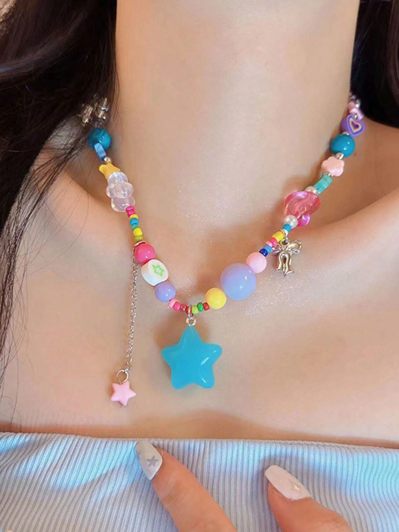 Kawaii 1pc Women's Candy Colored Beaded Necklace With Star And Meteor Design